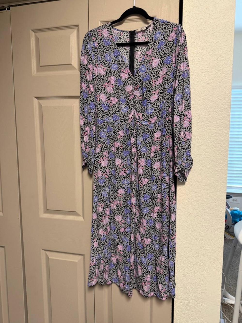 LOFT Black Floral V‑Neck Maxi Dress with Pink & Lavender Accents